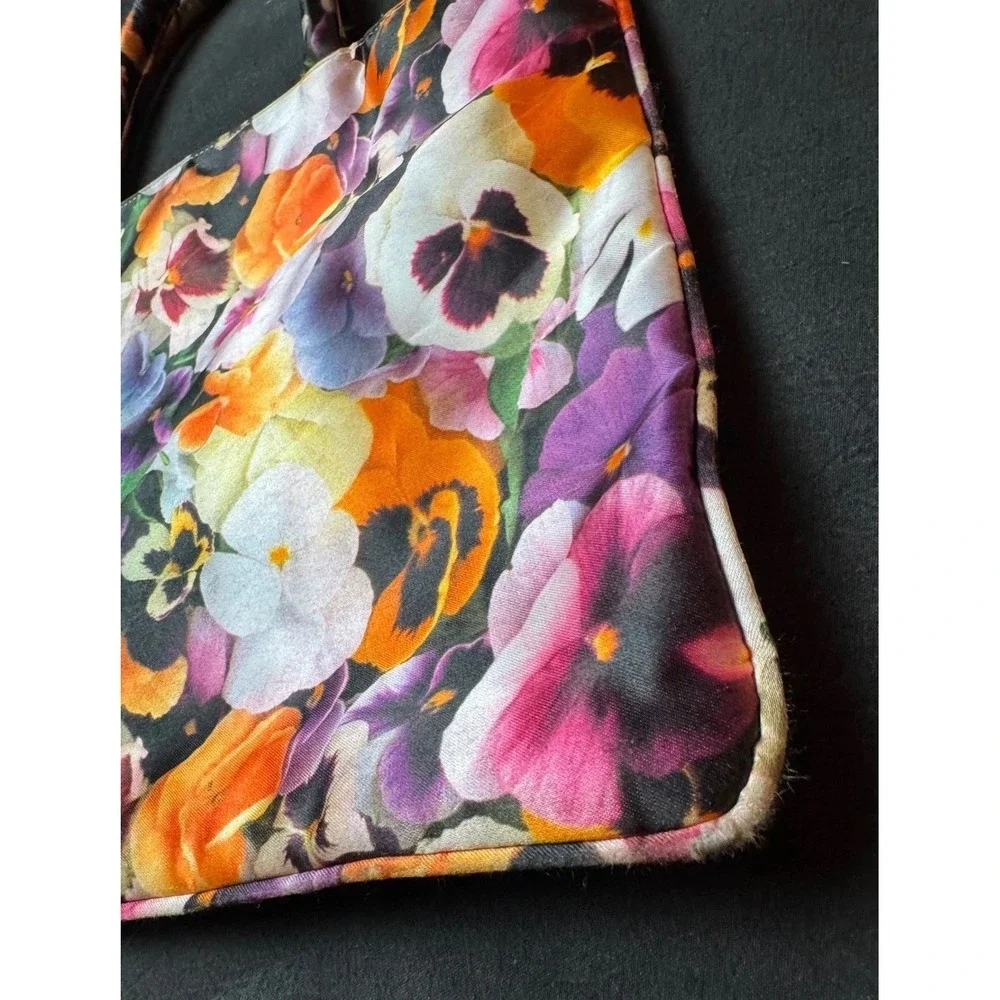 Maria Turgeon Floral Pansy Print Satin Tote Bag Multicolor Handbag Vintage Style